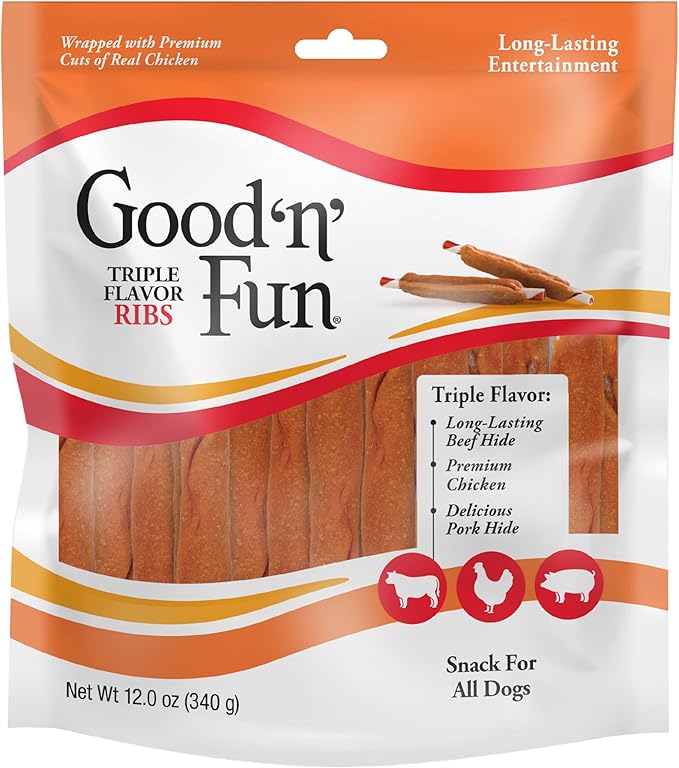 Good 'n' Fun Triple Flavor Ribs Chews for All Dogs, 12 Ounces, Treat Your Dog to Long-Lasting Chews Made with Beef Hide, Chicken and Pork Hide