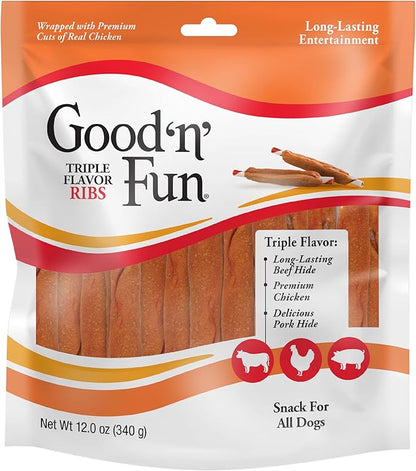Good 'n' Fun Triple Flavor Ribs Chews for All Dogs, 12 Ounces, Treat Your Dog to Long-Lasting Chews Made with Beef Hide, Chicken and Pork Hide