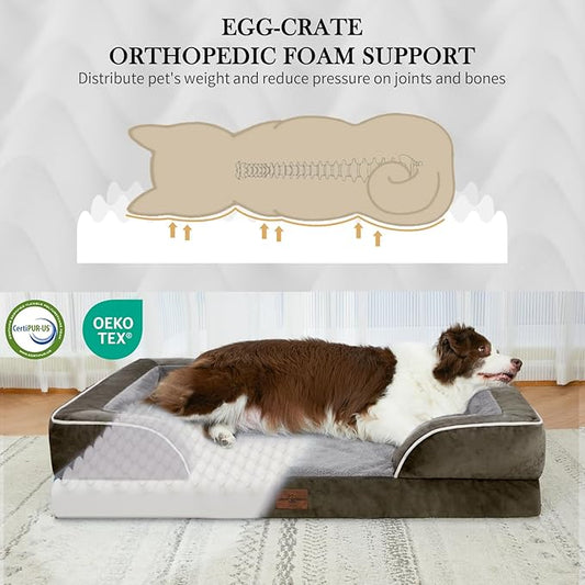 Comfort Expression Orthopedic Dog Bed for Extra Large Dogs 45x35 Inch, Waterproof Egg Crate Foam XL Pet Bed with Removable Bolsters, Dog Couch with Washable Cover & Non-Slip Bottom, Dark Green