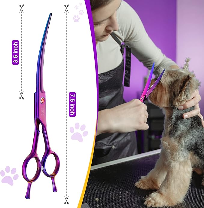 JASON Curved Shears for Dogs - 7.5" Pet Grooming Scissors with Ergonomic Handle Japanese Stainless Steel Trimming Scissor for Dogs, Cats and Other Pets, Sharp (Up-Curved, Purple) Christmas Gift