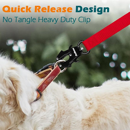 PetBonus Heavy Duty Tactical Dog Leash, 5 FT Bungee Shock Absorption Leash with 2 Padded Handles, Quick Release Metal Clip, Car Seatbelt, No Pull Training Lead for Large Medium Dogs（Red）