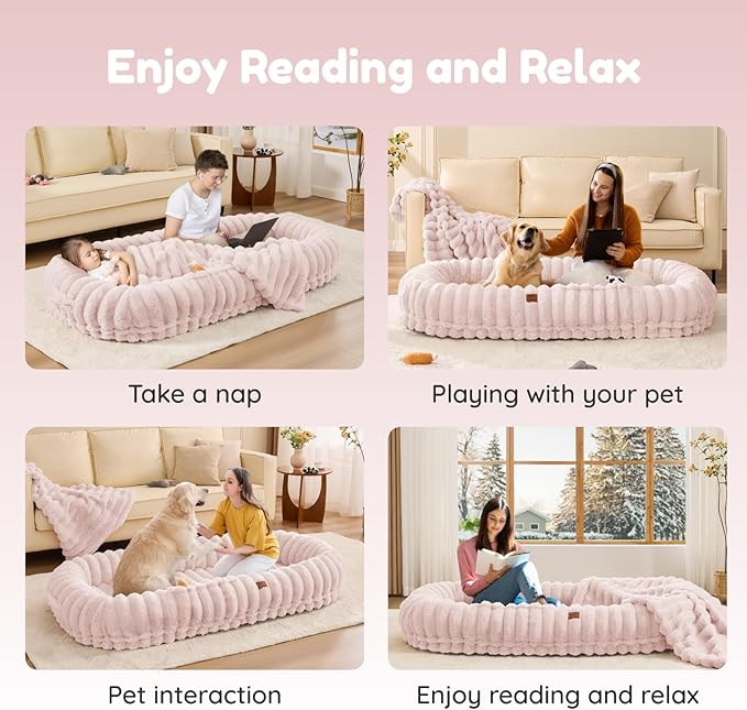 ChiXnuggle Human Dog Bed for Adult - Luxury Striped Faux Fur Giant Dog Bed with Portable Handle, Egg Orthopedic Foam Pad with Thick Warm Blanket, 72"x40"x10", Pink