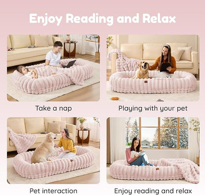 ChiXnuggle Human Dog Bed for Adult - Luxury Striped Faux Fur Giant Dog Bed with Portable Handle, Egg Orthopedic Foam Pad with Thick Warm Blanket, 72"x40"x10", Pink