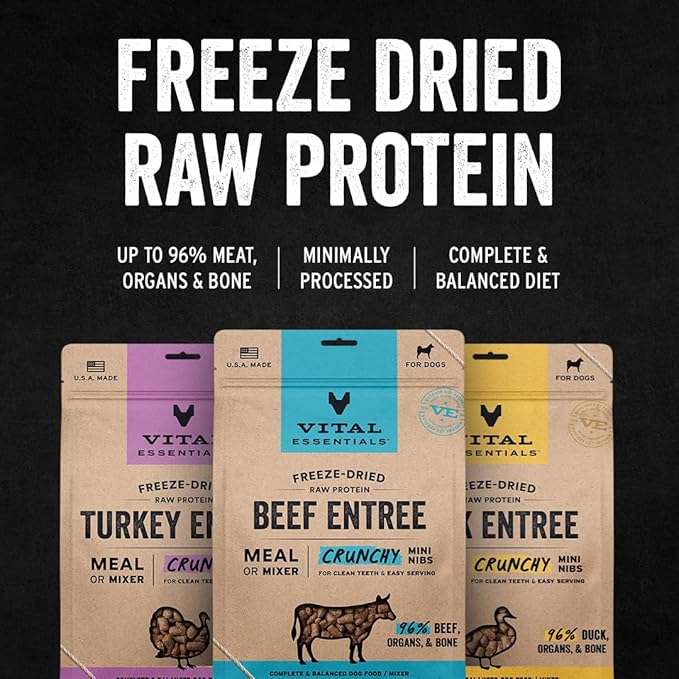 Vital Essentials Freeze-Dried Raw Dog Food, Beef Crunchy Mini Nibs | Complete Meal or Mixer | High Protein Dog Food | 25 oz