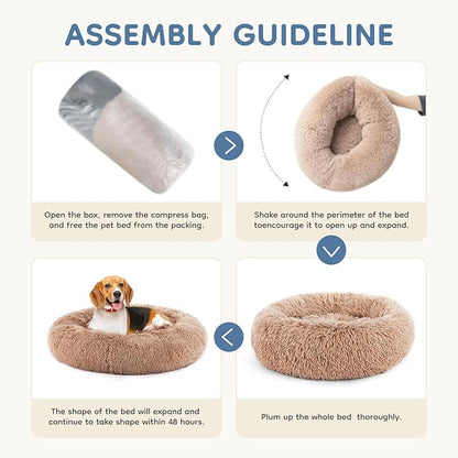 DUMOS 30.7x30.7 Inch Calming Donut Dog Beds for Large Dogs, Machine Washable Cuddler Warming Cozy Fluffy Faux Fur Plush Round Pet Bed, Anti-Slip Bed for Indoor Dogs and Cats, Brown
