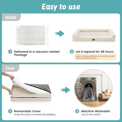COZY KISS Dog Beds for Extra Large Dog, XXL Bolster Pet Couch with Waterproof Lining, Egg Crate Foam Sofa for Pets Up to 150 lbs, U-Shaped, 48x35x8 inch, Beige