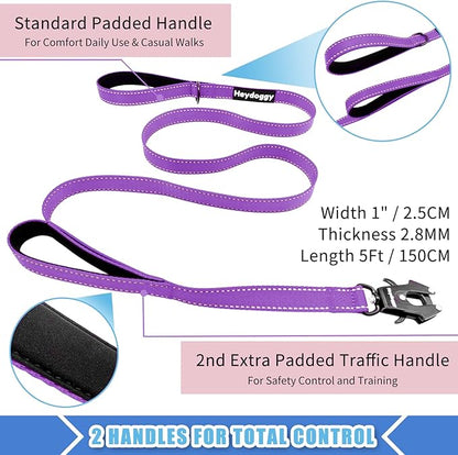 Strong Heavy Duty Dog Leash - 5ft Reflective Nylon Training Leash with Soft Padded Double Handle & Auto Lock Frog Clip, Safety Traffic Control for Large Medium Small Dogs No Pull Walking Purple,5ft