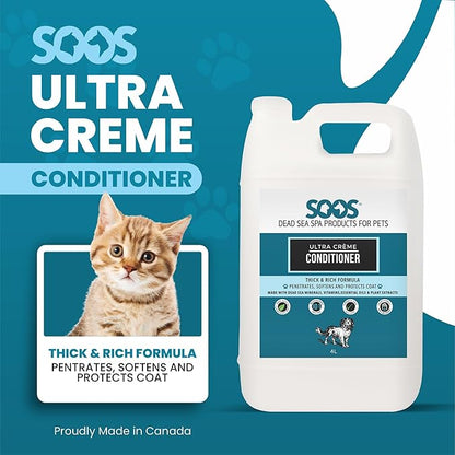 Soos Pet Conditioner Ultra Crème Natural Dead Sea Minerals Smoothness Polish Deeply Absorbing with Vitamins Essential Oils Natural Ingredients for Dogs and Cats - 1 Pack (4L)