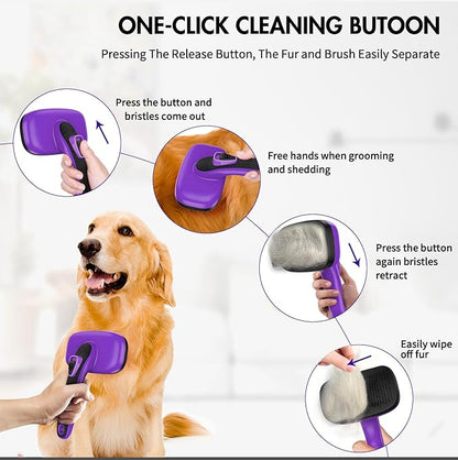 YOYUPETA 3 PCS Dog Grooming Brush Kit – Self Cleaning Slicker Brush for Shedding Short & Long Haired Dogs & Cats. Removes Loose Fur, Undercoat, Mats, Tangles for Small, Medium & Large Pets. Purple