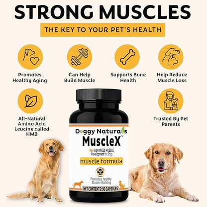 MuscleX™ Canine Muscle Formula Dogs with CaHMB 500 mg and Vitamin D3 - Natural Muscl Building Formula - Helps Reduce Muscle Loss Due to Normal Aging and Improves Recovery from Injury (90 Capsules)