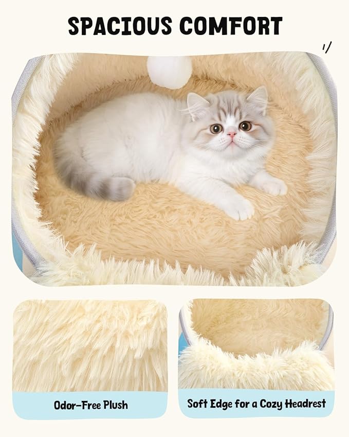 BurgeonNest 20-Inch Round Cat Bed Cave, Enclosed Hooded Pet Bed for Indoor Cats, Cozy Anti-Collapse Cave with Soft Plush, Waterproof EVA Shell, Fully Washable, Shape Retention, Beige