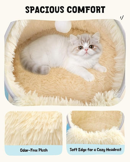 BurgeonNest 20-Inch Round Cat Bed Cave, Enclosed Hooded Pet Bed for Indoor Cats, Cozy Anti-Collapse Cave with Soft Plush, Waterproof EVA Shell, Fully Washable, Shape Retention, Beige