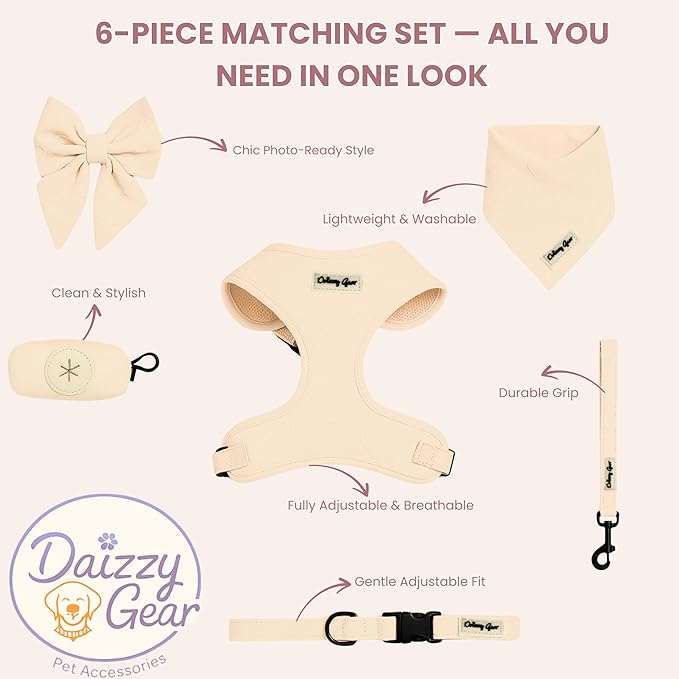 Small Dog Harness Set – Cute No Pull, All Weather, Breathable Harness and Leash Set with Collar, Bandana, Sailor Bow & Poop Bag Holder – Adjustable, Soft & Stylish - Cream Hearts on Jacquard Fabric