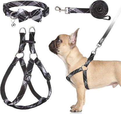 BINGPET Dog Harness Collar Leash Set,Adjustable No Pull Escape Proof Small Dog Harness,Classic Plaid Puppy Harness and Leash Set for Small Medium Large Dogs Training Easy Walk Running