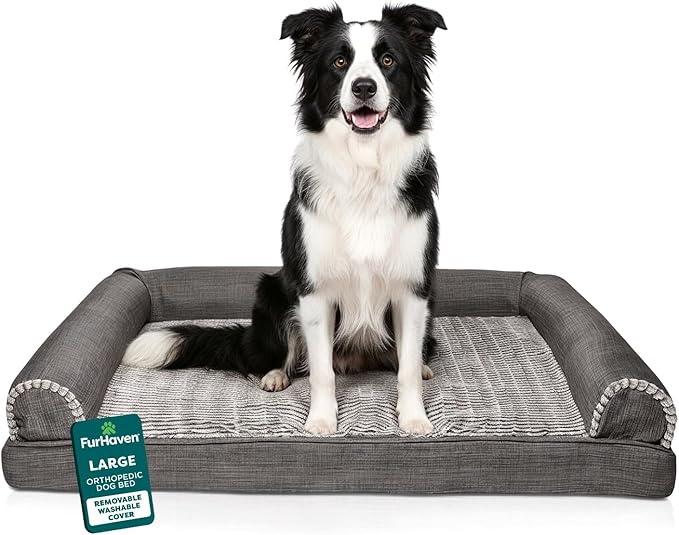 Furhaven Orthopedic Dog Bed for Large/Medium Dogs w/ Removable Bolsters & Washable Cover, For Dogs Up to 55 lbs - Luxe Faux Fur & Performance Linen Sofa - Charcoal, Large