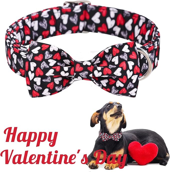 Unique style paws Valentine's Day Dog Collar with Bow Tie Black & Red Heart Puppy Collar Best Gothic Style Gift for Small Medium Large Boys Girls-S
