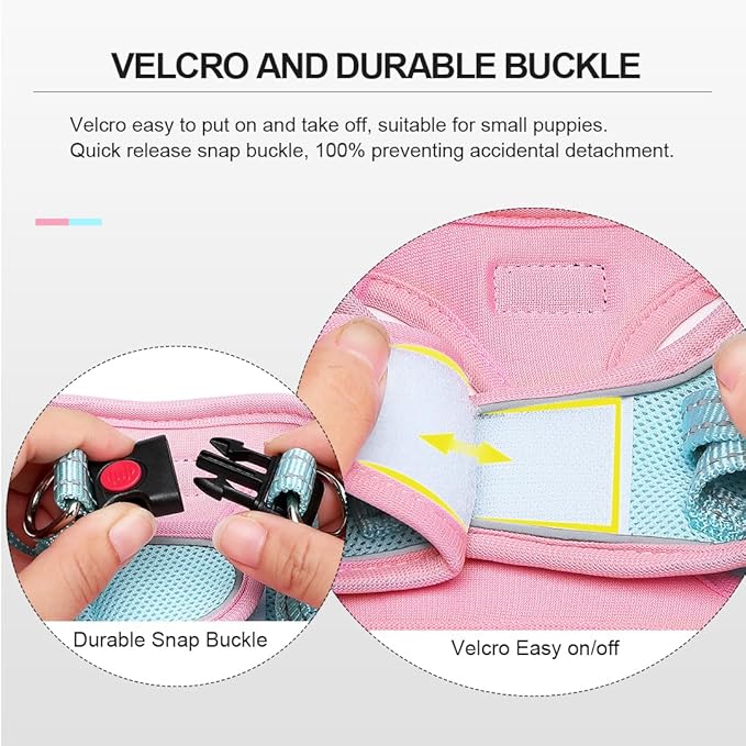 Mercano Soft Mesh Dog Harness and Leash Set, No-Chock Step-in Reflective Breathable Lightweight Easy Walk Vest Harnesses with Safety Buckle for Small Dogs, Cats (L, Pink Blue)