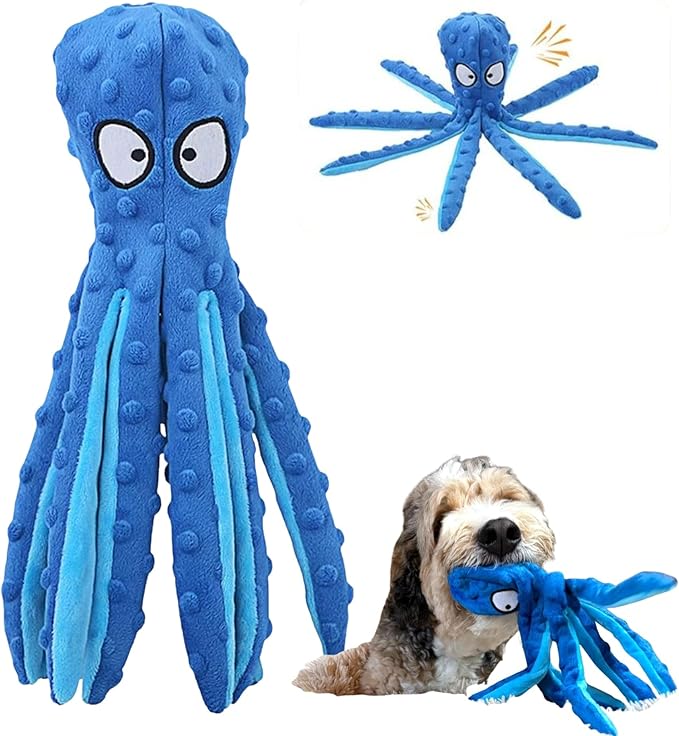 Octopus Dog Toy – Squeaky & Crinkle Plush – No Stuffing Toy for Small, Medium & Large Dogs – Interactive Pet-Safe Soft Toy for Tug, Fetch & Play – Blue– Tail Town