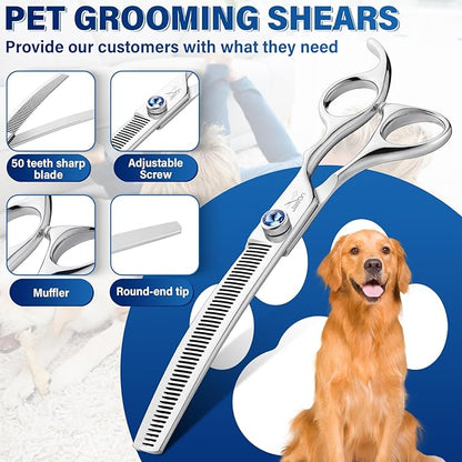 JASON 7" Curved Dog Scissors - Ergonomic Grooming Scissors, Silver, 440C Stainless Steel, Professional Pet Shears (50-Teeth) Christmas Gift