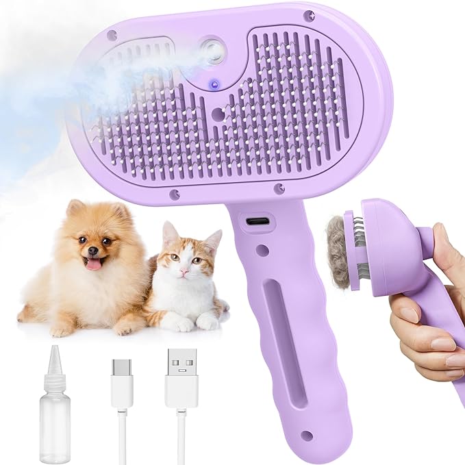 Dog Brush Cat Brush for Shedding, Pet Spray Steam Brush for Dogs Cats,Anti-Static Hair Removal Grooming Comb Long Short Haired Pets Barber Tool,purple