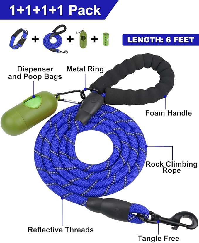 Dynmeow Reflective Dog Collar and Leash Set, 6FT Strong Climbing Rope Leash with Padded Handle, Adjustable Pet Collar with Soft Neoprene Padding for Large Dogs, Navy-Blue, L