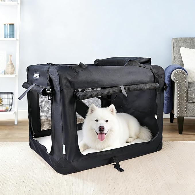 JESPET Soft Dog Crates Kennel for Pets, 3 Door Soft Sided Folding Travel Pet Carrier with Straps and Fleece Mat for Dogs, Cats (Graphite Black, X-Large(36" L x 24" W x 27" H))