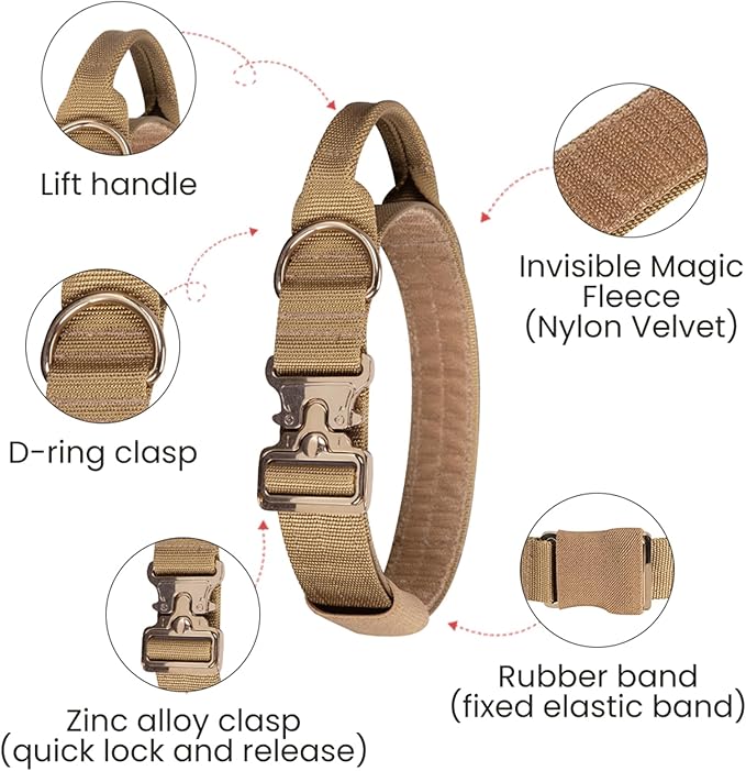 EXCELLENT ELITE SPANKER Tactical Dog Collar Military Adjustable Heavy Duty Training Dog Collar with Metal Buckle and Control Handle(Coyote Brown)