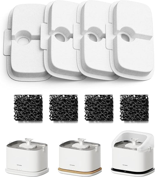 PETLIBRO Cat Water Fountain Filter, 4 Packs Cat Fountain Filter Replacement & Sponges for Dockstream WF106/WF116/WF105/WF115/WF005, 2-Month Set Easy-Swap for PETLIBRO Pet Fountain