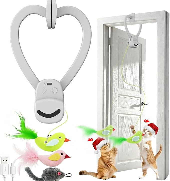 Interactive Cat Toys for Indoor Cats: Automatic Flying Bird Feather Wand Chase Exercise Enrichment Stimulation, USB Rechargeable Durable Safe Hanging Toy for Bored Kittens Adult Multi Cat Households