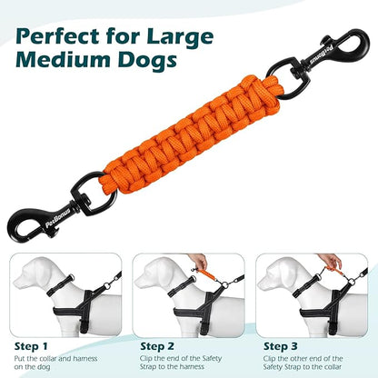 PetBonus Dog Collar Safety Clip, Handmade Backup Safety Strap for Dog Harness, Prong, Pinch Collar, Double Ended Clasp Leash Connector (Orange)