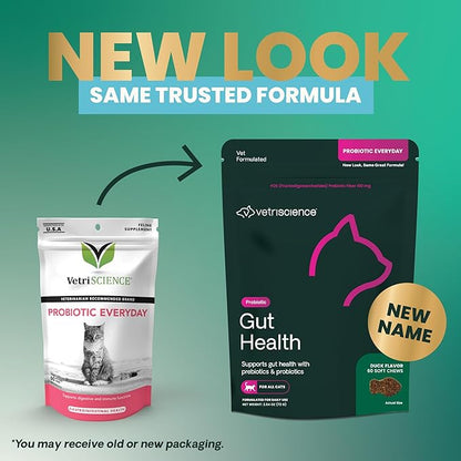 VetriScience Gut Health Chews, Probiotic Everyday Digestive Supplement for Cats, Pet Probiotics for Digestion Support, Gas and Diarrhea, Immune Support, 120 Million CFU Per Chew, Duck, 60 Count