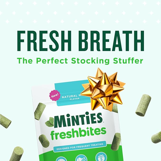 Minties FreshBites Soft and Chewy Dental Treats for Dogs, Low Calorie Natural Mint Flavored Dental Chews for Dogs, 100 Count, Chews Clean Teeth, Fight Bad Breath, and Removes Plaque and Tartar