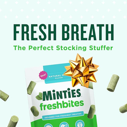 Minties FreshBites Soft and Chewy Dental Treats for Dogs, Low Calorie Natural Mint Flavored Dental Chews for Dogs, 100 Count, Chews Clean Teeth, Fight Bad Breath, and Removes Plaque and Tartar