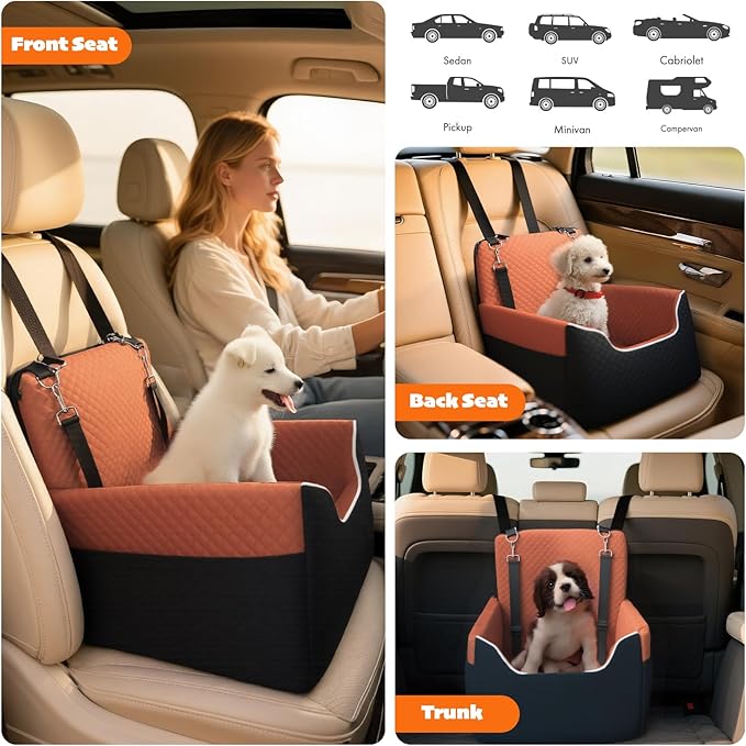 Dog Car Seat for Small Dogs Under 30lbs, Dog Booster Seat with Detachable Washable Cover and Cushion, Memory Foam Pet Car Seat with Safety Belt and Storage Pockets