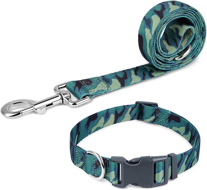 Print Patterned Dog Collar Leash Set, Adjusted Quick-Release Plastic Buckles and Heavy-Duty Steel D-Ring Nylon Collar Leash Set Strong Durable, Green Camo,M