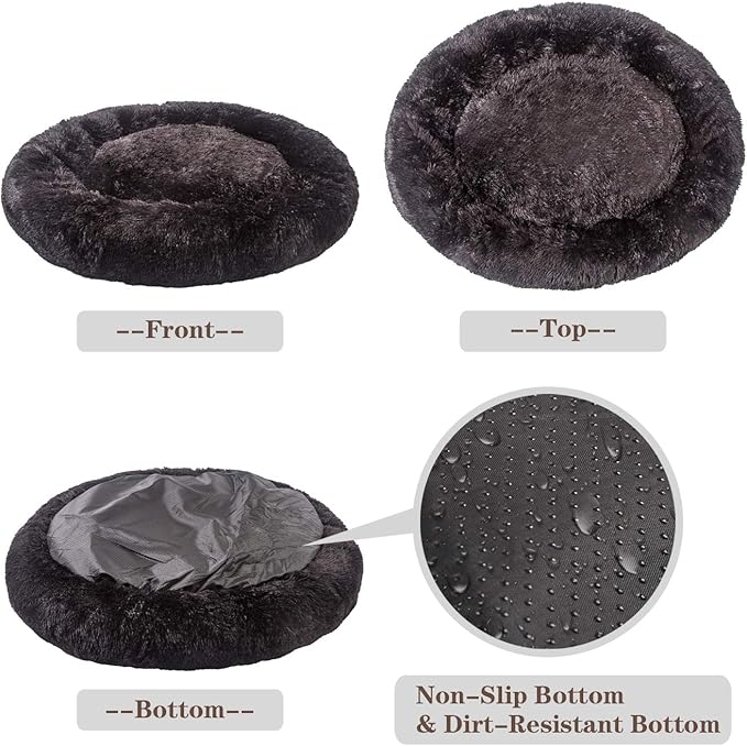 MFOX Calming Dog Bed for Large Dogs - Donut Washable Large Pet Bed, 36 inches Anti-Slip Round Fluffy Plush Faux Fur Dog Bed, Fits up to 75 lbs Pets, Black