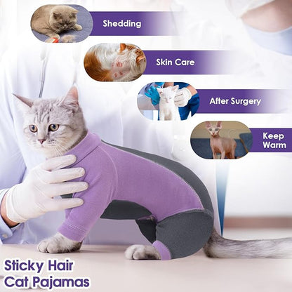SUNFURA Hair Sticky Cat Clothes, Cat Sweater for Cats Only, 4-Legged Fleece Sweaters Kitten Pajamas Reduce Shedding Fur, Warm Pullover Shirts for Cats, Purple S