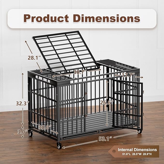 Snuowu 54 Inch Heavy Duty Dog Crate with Wheels，Indestructible Escape-Proof Dog Cage for Large Dogs, Extra Large XL XXL Indestructible Dog Crate with Removable Tray.