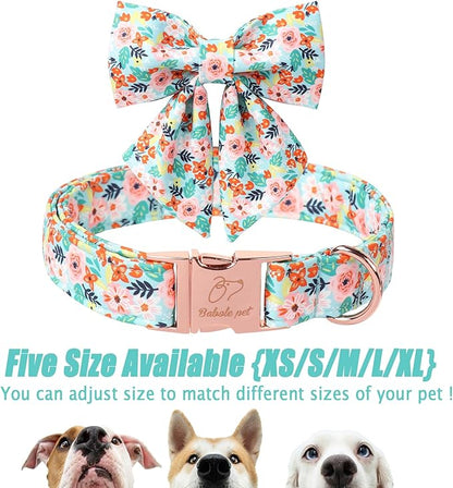 Floral Dog Collar with Bow Tie - Adjustable Blue Flower Lady Bow Collar Breathable Comfort Spring-Summer Dog Collars for Small Medium Large Dogs XL