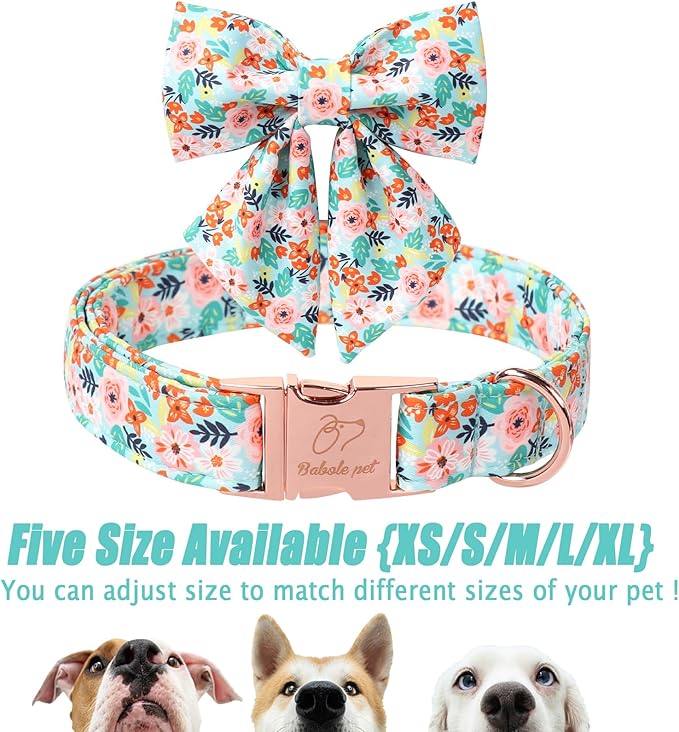 Floral Dog Collar with Bow Tie - Adjustable Blue Flower Lady Bow Collar Breathable Comfort Spring-Summer Dog Collars for Small Medium Large Dogs L