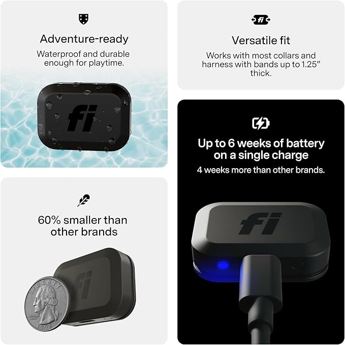 Fi Mini GPS Tracker for Cats — Lightweight Collar Attachment, Virtual Fences, Escape Alerts, Step & Health Tracking, Waterproof Cat Tracker — 12-Month Membership Included