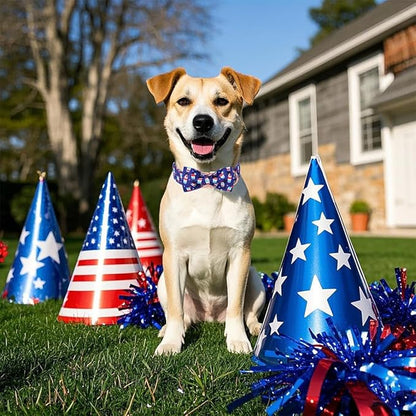 4th of July Dog Collar with Bow Tie - American Flag Day Patriotic Dog Collars Blue Star Sundae Summer Bowtie Collar for Small Medium Large Dogs L