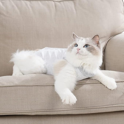Cat Recovery Suit for Male and Female Surgical Post Surgery Soft Cone Onesie Shirt Clothes Neuter Licking Protective Diapers Outfit Cover Kitten Spay Collar(S, White)