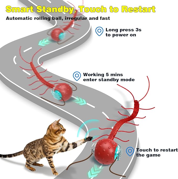 Saolife Interactive Cat Toys for Indoor Cats, Moving Cat Ball with Tail, Fast Rolling on Carpet, Chirping & Motion Activate