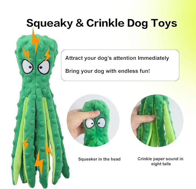 CPYOSN Dog Squeaky Toys Octopus - No Stuffing Crinkle Plush Toys for Puppy Teething, Durable Interactive Chew Toys for Small, Medium and Large Dogs Training and Reduce Boredom, 2 Pack