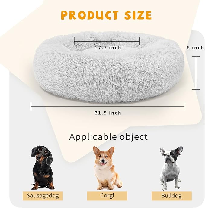 Calming Dog Bed for Medium Dogs Washable Donut 30 inches Anti-Slip Pet Bed,Round Fluffy Plush Faux Fur Cat Bed,Fits up to 45 lbs Pets,Grey