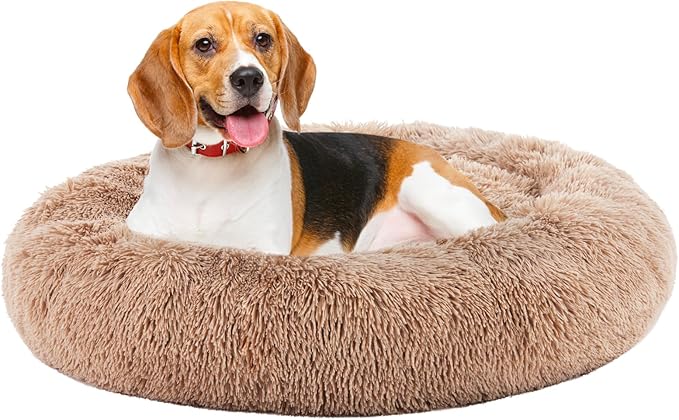 DUMOS 30.7x30.7 Inch Calming Donut Dog Beds for Large Dogs, Machine Washable Cuddler Warming Cozy Fluffy Faux Fur Plush Round Pet Bed, Anti-Slip Bed for Indoor Dogs and Cats, Brown