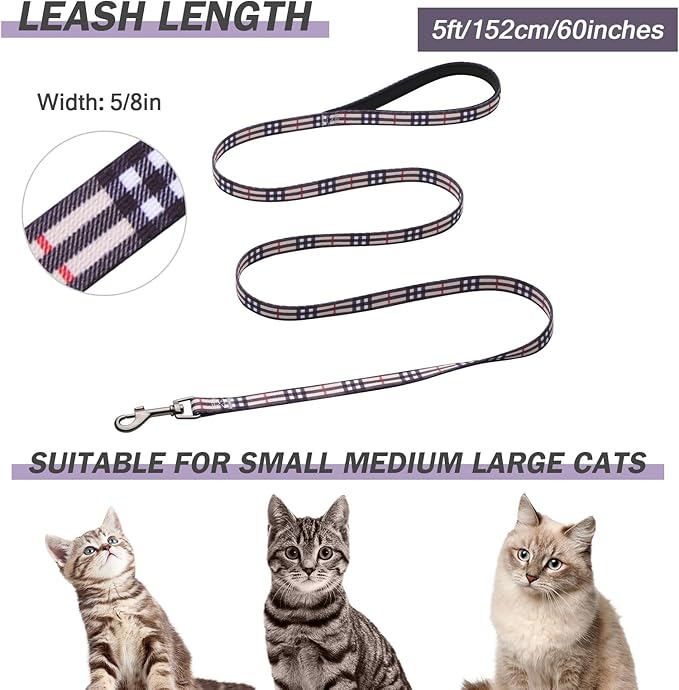 Hikiko Cat Harness and Leash Set Escape Proof Adjustable Walking Travel Soft Kitten Harness for Small Medium Large Cats (Khaki Plaid, S)