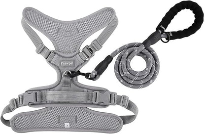 Paawpal Adjustable Dog Harness - No Pull, Reflective, Soft Padded for Small, Medium, Large Dogs - Includes Leash Light Silver L