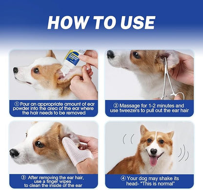 Dog Ear Hair Removal Tool,Dog Ear Infection Treatment with 5.5 Inch Tweezers Curved, Dog Ear Finger Wipes,All Natural Ingredients,Soothes Itchy Ears & Relieve Scratching